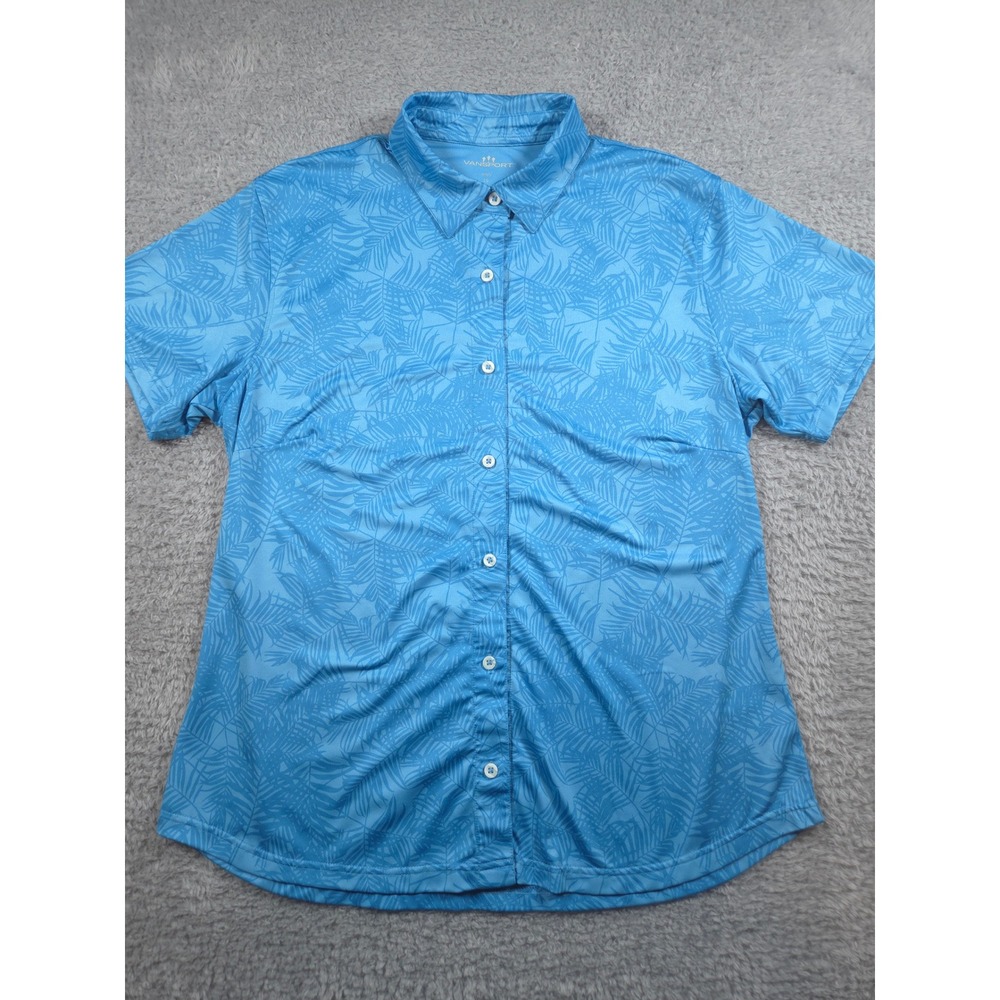 Vansport Button Down Large Blue Womens Tropical Palm Leaf Golf Shirt 1881